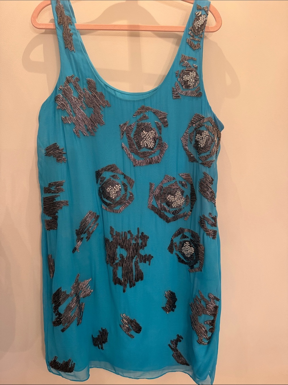 Badgley Mischka Turquoise Mini Dress with Black Beaded Floral Accents